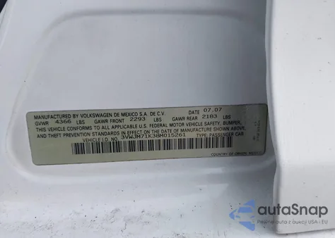 2008 Volkswagen Jetta S z USA, uszkodzony, nr VIN 3VWJM71K38M015261